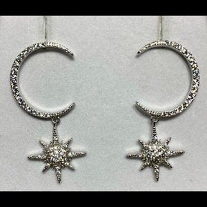 Sterling Silver 925 and CZ Crescent Moon and Star Dangle Earrings